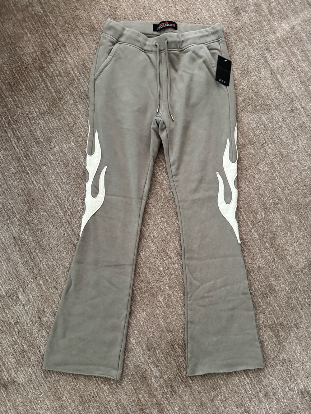 Men's Olive Flame Patchwork Sweatpants with Drawstring Waist Size Large